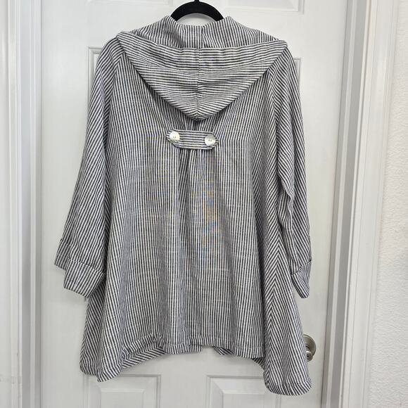 JNY Linen Blend Hooded Tunic Jacket Sz L Black White Striped Coastal Oversized - Picture 5 of 9